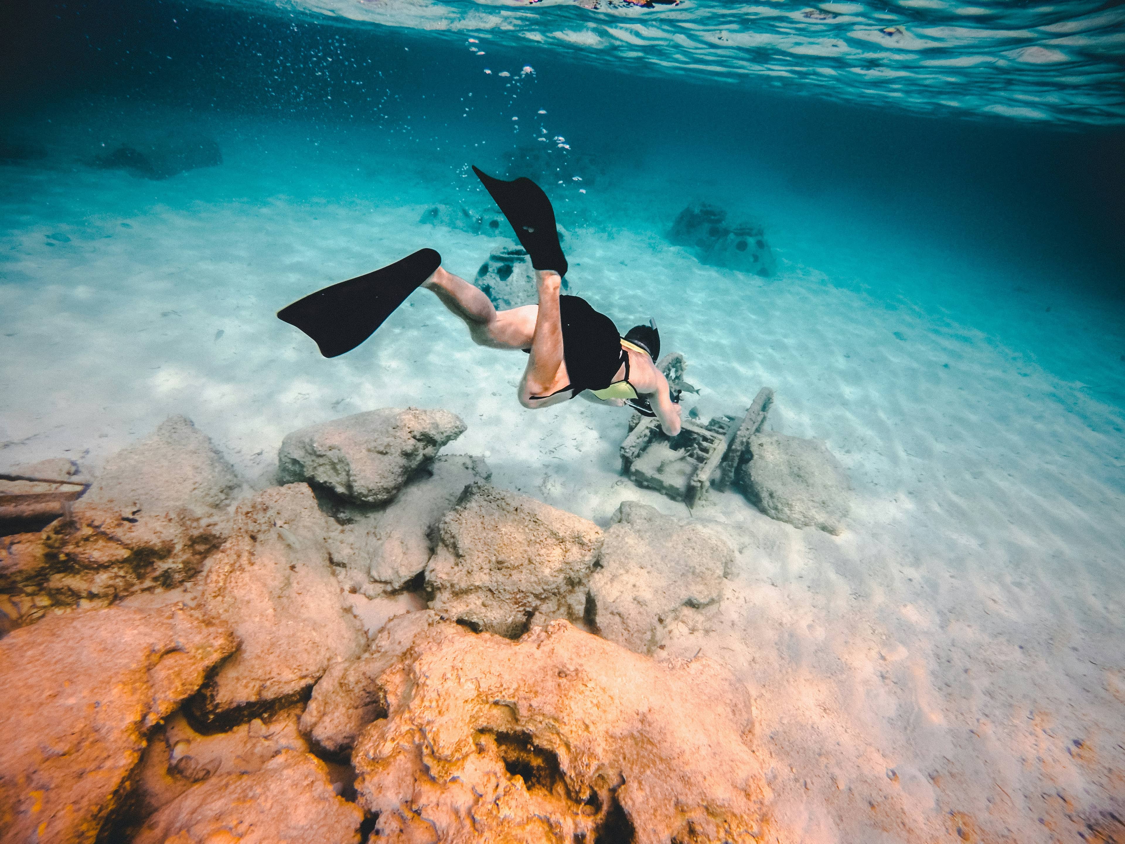 Person walking underwater with diving helmet and marine life