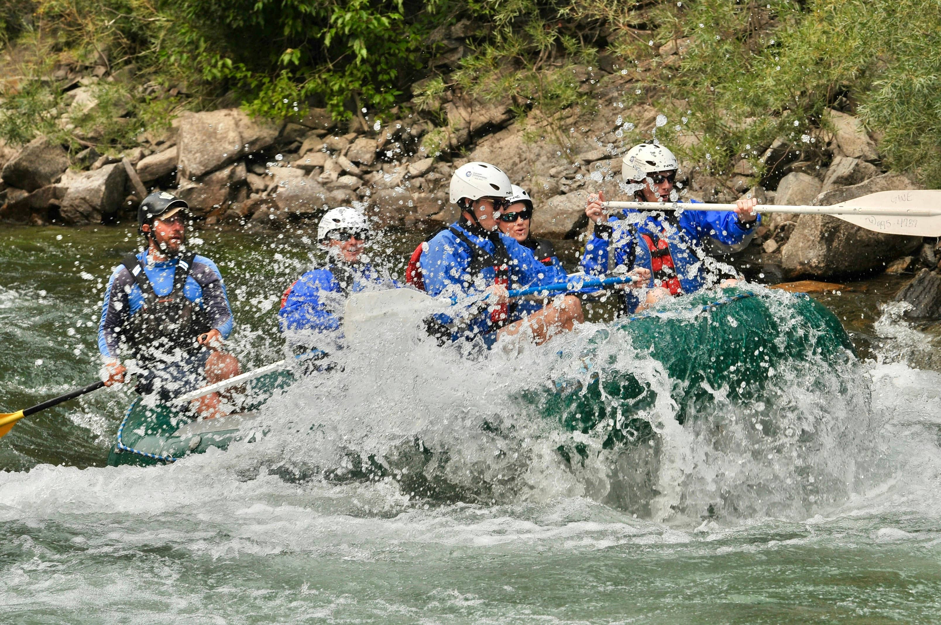 Group whitewater rafting through lush green river gorge
