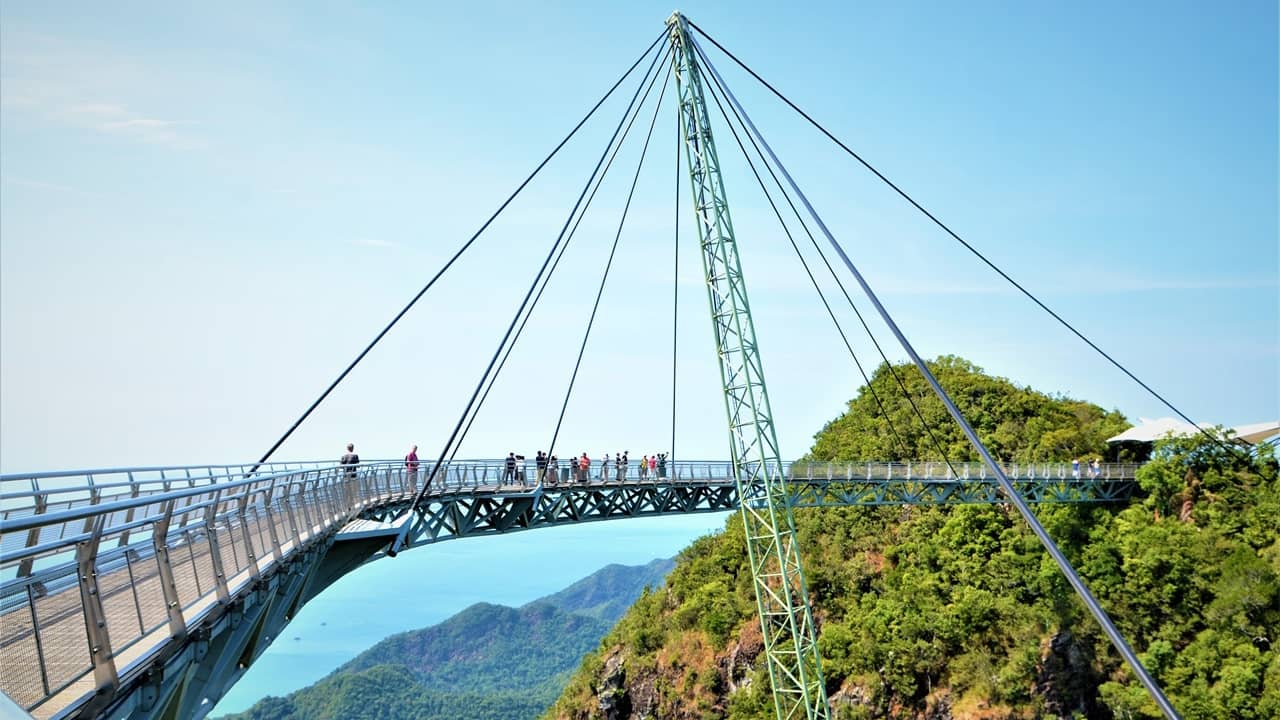 People walk along a curved, cable-supported bridge overlooking a dense forest, distant water, and a bright blue sky.